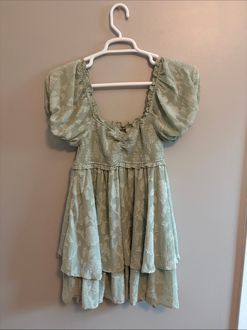 Altard State Sage Green Puff Sleeve Tiered Mini Dress